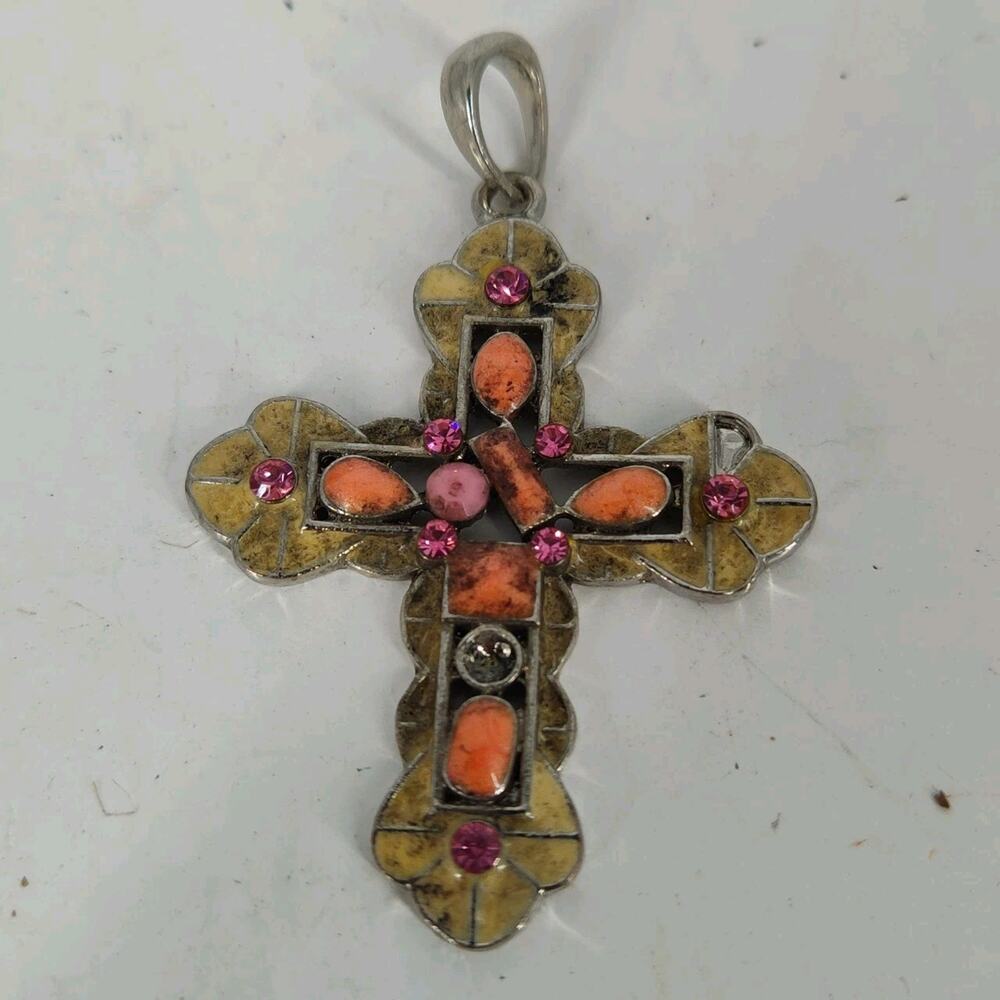 Vintage Style Ornate Cross Pendant With Pink And Cream Silver Tone